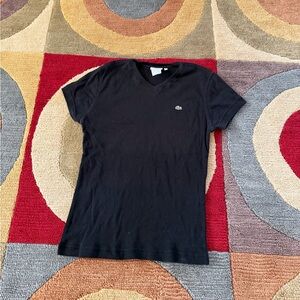 Lacoste Black V Neck Tee Shirt Short Sleeve 100% Cotton Women’s Size 40 / US 8